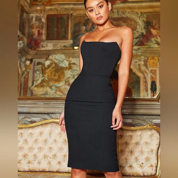 House of CB Black Ribbed Strapless Bodycon Dress - Picture 1 of 4